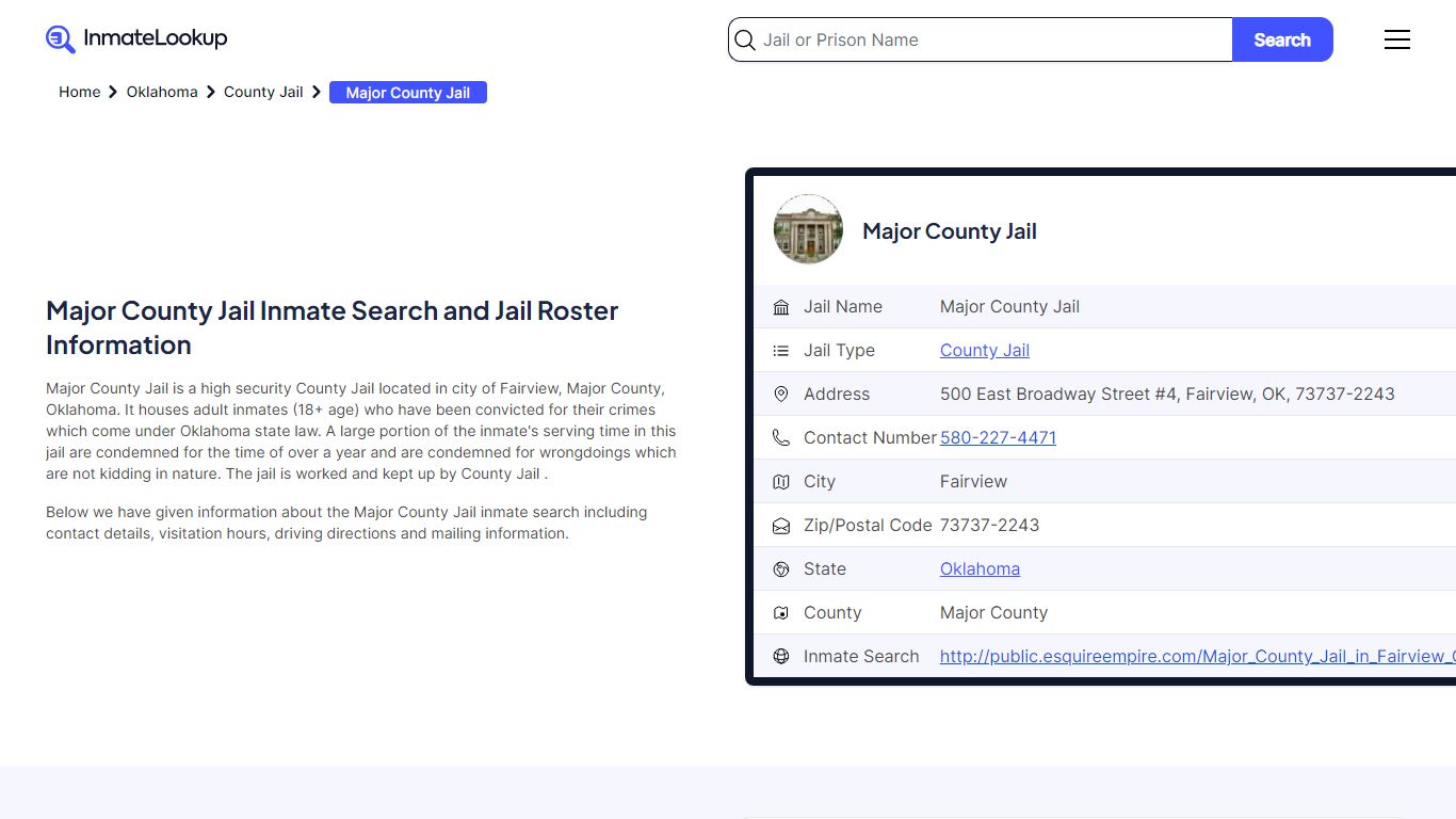 Major County Jail Inmate Search - Fairview Oklahoma - Inmate Lookup